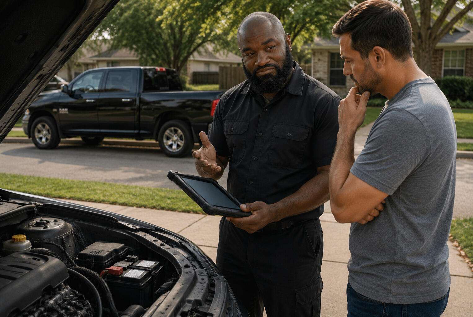 Mobile Mechanic No-Start Diagnostics In Fort Worth TX Mobile mechanic diagnosing a no-start vehicle and performing battery testing in Fort Worth Texas